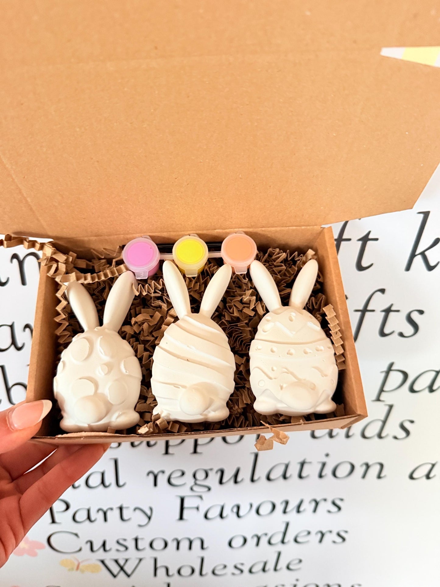 Easter Bunny Paint Your Own Craft Kit | 3 Piece Plaster Painting Box | Easter Egg Bunny Activity | Kids Easter Gift | A6 Letterbox Craft