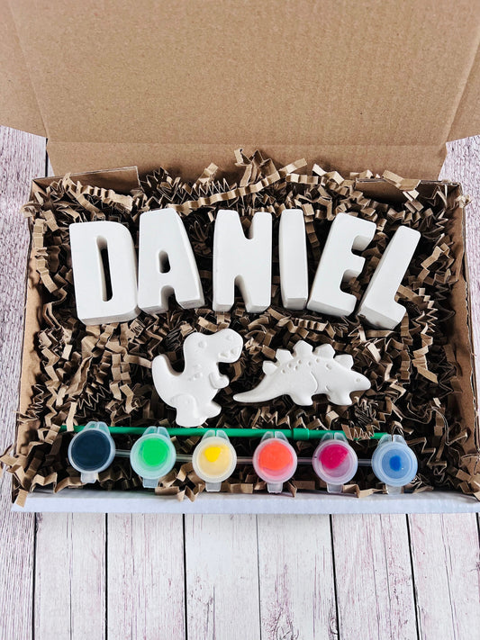 Paint your own name craft box with Dinosaurs - Activity set - Childrens Gifts - Gifts - Painting - Paintable - Personalised - Lettbox gift