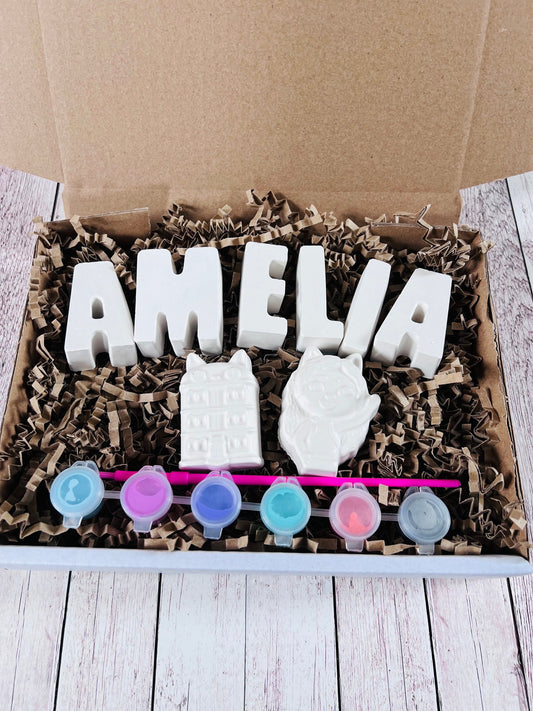 Paint your own name craft box with Gabbys dollshouse  - Activity set - Childrens Gifts - Gifts - Painting - Paintable - Personalised