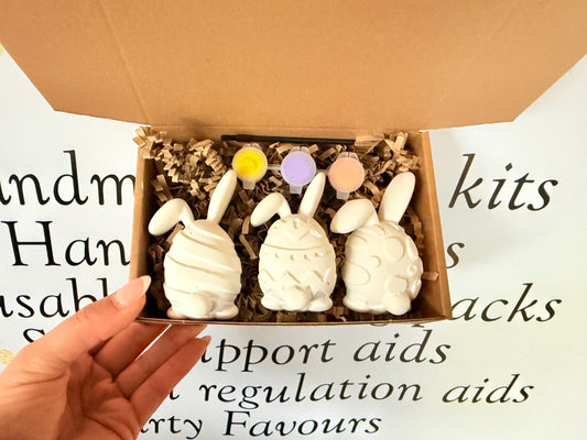 Easter Bunny Paint Your Own Craft Kit | 3 Piece Plaster Painting Box | Easter Egg Bunny Activity | Kids Easter Gift | A6 Letterbox Craft