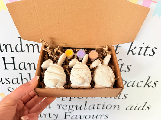Easter Bunny Paint Your Own Craft Kit | 3 Piece Plaster Painting Box | Easter Egg Bunny Activity | Kids Easter Gift | A6 Letterbox Craft